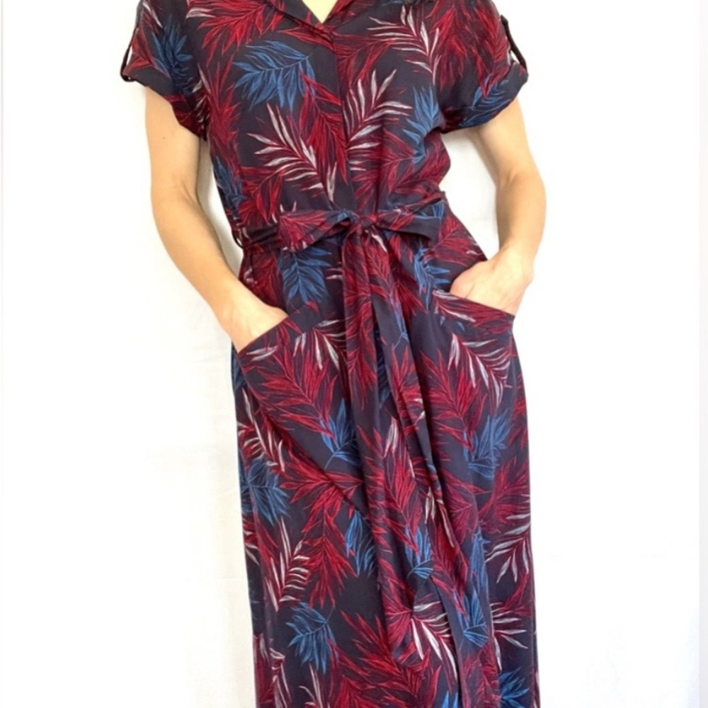 A New Day Leaf Print Dress - Red and Blue